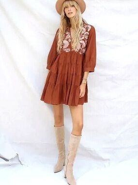 SAMANT CHAUHAN • Apolline Embroidered Tiered Dress Mini Dress Brown White Small